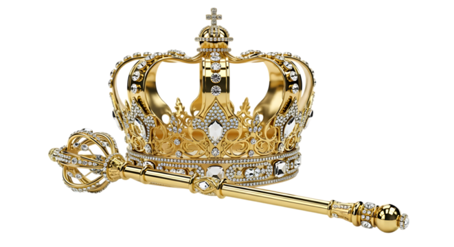 Ornate golden crown and scepter adorned with diamonds isolated on transparent background
