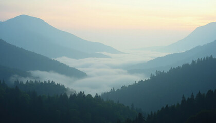 Mystical mountain valley at dawn enveloped in ethereal mist a serene nature scene