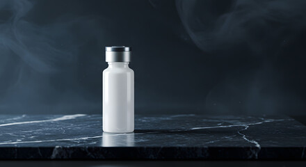 White vial on a dark marble surface with smoke in the background suggests healthcare or pharmaceutical product.