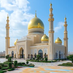 Grand mosque, golden domes, Islamic architecture,  exterior view.  Spacious courtyard,  modern design,  religious site