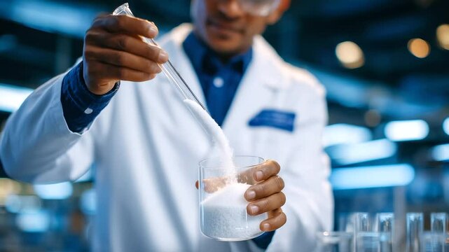 Chemist pours powder into beaker in pharmaceutical lab, controlled experiment in progress.
