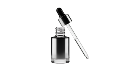 Glass dropper bottle with dark serum and pipette isolated on transparent background