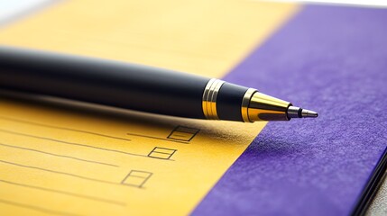 Fototapeta premium Close-up of Pen on Yellow and Purple Checklist Notepad