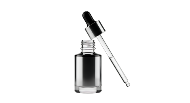 Glass dropper bottle with dark serum and pipette isolated on transparent background