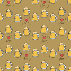 Seamless pattern with hand drawn beer mugs and red hearts.eps