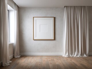 Fototapeta premium A white framed picture hangs on a wall in a room. The curtains are white and the room is empty