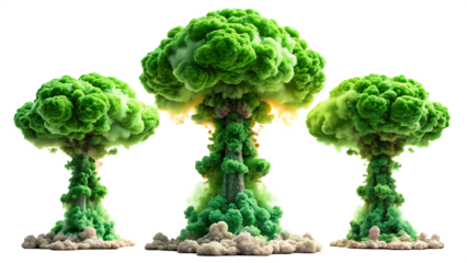 Three green nuclear mushroom clouds on black background Ai nuclear explosion green explosion