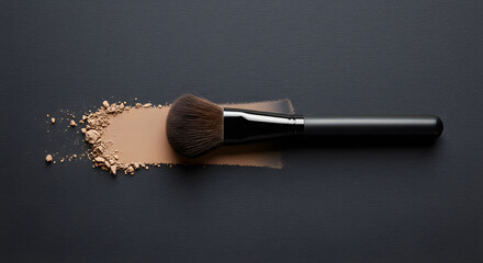 Makeup brush with beige powder on a dark background for beauty product concept and cosmetics application