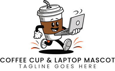 Animated coffee cup character is running with a laptop device in its hand.