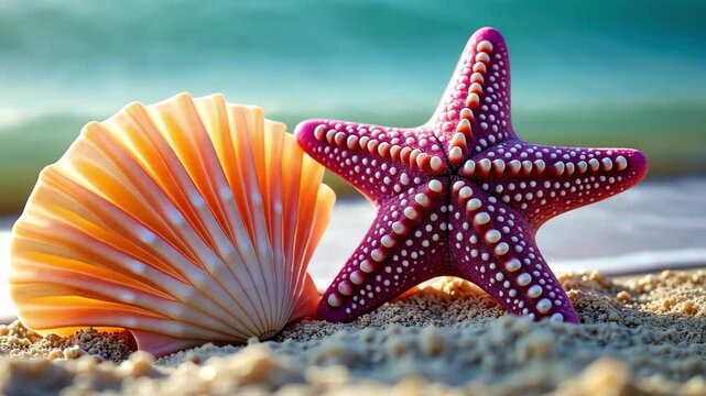 A vibrant orange seashell and a purple starfish on a sandy beach shore during summer vacation footage.