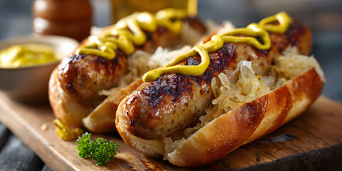 Naklejka premium Grilled bratwurst sausages with mustard and sauerkraut in buns