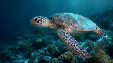 Fototapeta premium Sea turtle glides over reef