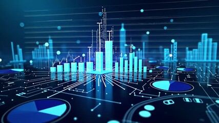 Digital business data analysis with growing bar chart and city skyline. Futuristic technology financial investment footage. - Powered by Adobe