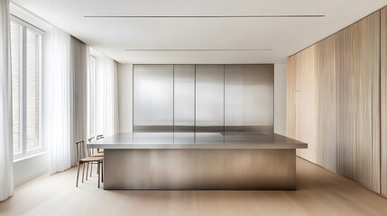 Fototapeta premium Modern Minimalist Kitchen Design with Stainless Steel Island and Wood Accents