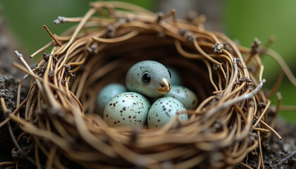 Obraz premium Curious little bird emerges from speckled eggs nestled safely in a woven natural twig nest