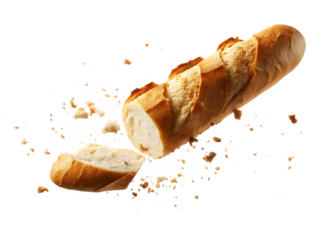 baguette bread with falling crumbs isolated on white background PNG, ai generated
