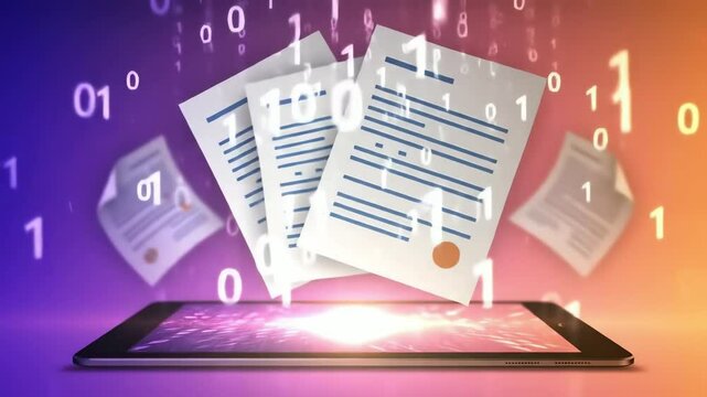 A tablet emitting light with digital documents and binary code floating above against a gradient background