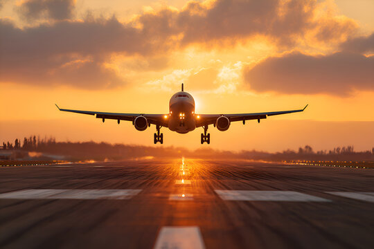 Passenger airplane landing on runway during sunset