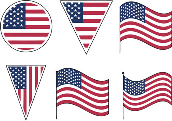 Fototapeta premium Set of American Flag Icons in Various Shapes Including Star, Circle, Triangle, and Waving Styles 