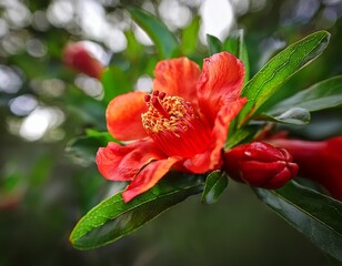 vivid scarlet pomegranate blossom blooms amid verdant leaves creating a captivating natural scene