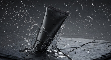 Elegant black tube presentation showcasing beauty product and water droplets for promotion and advertising.