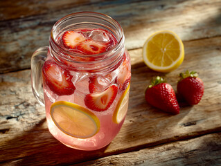 Refreshing Strawberry Lemonade in a Mason Jar on a Rustic Wooden Table
