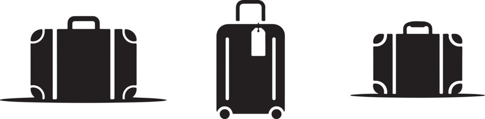 Collection of three black suitcase icons with different styles isolated on white background