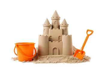 Sandcastle building activity on sunny beach day – fun summer playtime for kids, cut-out PNG isolated on transparent background.