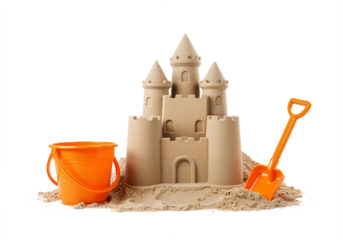 Sandcastle building activity on sunny beach day – fun summer playtime for kids, cut-out PNG isolated on transparent background.