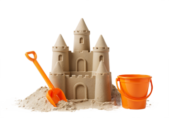 Sandcastle building activity on sunny beach day – fun summer playtime for kids, cut-out PNG isolated on transparent background.