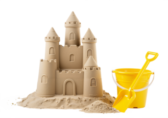Sandcastle building activity on sunny beach day – fun summer playtime for kids, cut-out PNG isolated on transparent background.