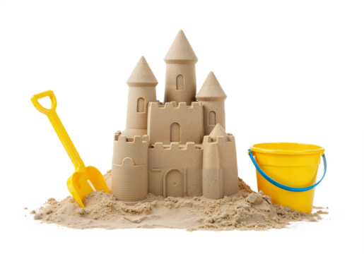 Sandcastle building activity on sunny beach day – fun summer playtime for kids, cut-out PNG isolated on transparent background.