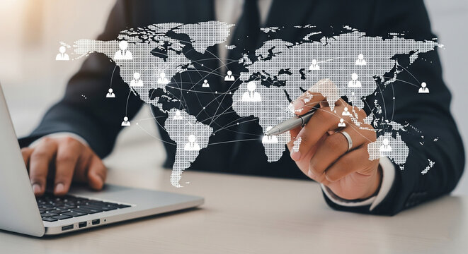 Businessman Interacting with Global Network Map and User Icons, Illustrating International Business and Digital Communication - Powered by Adobe