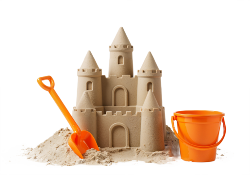 Sandcastle building activity on sunny beach day – fun summer playtime for kids, cut-out PNG isolated on transparent background.