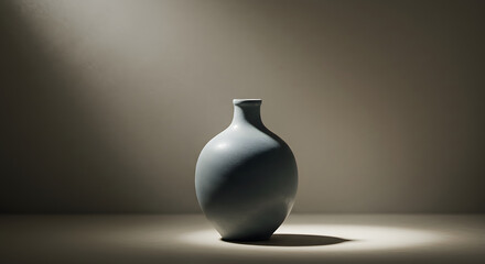 Ceramic vase sits gracefully beneath a gentle spotlight, emphasizing its simple form and serene beauty on a neutral background.