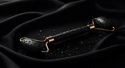 A luxurious black obsidian facial roller accented with gold rests on a flowing dark satin fabric, embodying skincare elegance.