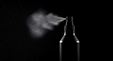 Spraying bottle delivers a fine mist of liquid on a dark background, emphasizing cleanliness and product application.