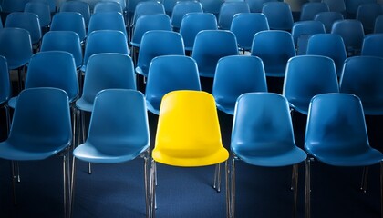 Naklejka premium yellow chair spotlighted among blue chairs