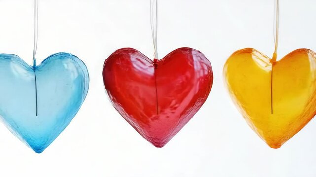 Set of heart-shaped lanterns with a color gradient transition from one to another, hanging in a row against white background.
