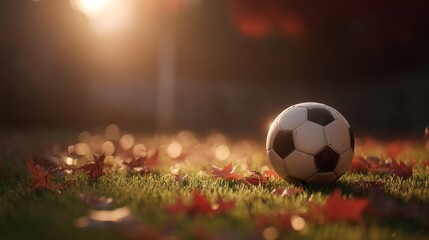 Fototapeta premium A soccer ball is sitting on a field of leaves. The ball is black and white and is the only object in the image. The leaves are scattered around the ball, creating a sense of stillness and calmness
