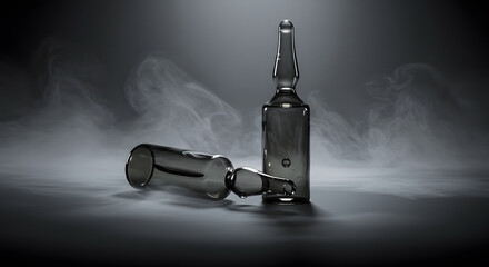 Two glass ampules stand on a reflective surface amid smoke, evoking medical research and pharmaceutical concepts.
