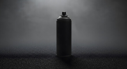 A monochromatic presentation of a spray can set against a dark, textured surface with a hazy backdrop.