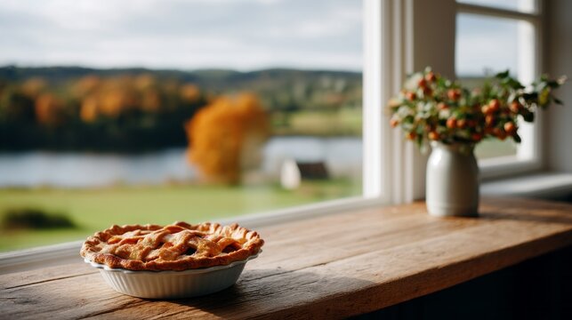 A pie sits on a wooden table next to a vase of flowers. The scene is peaceful and inviting, with the pie and flowers adding a touch of warmth and comfort to the space