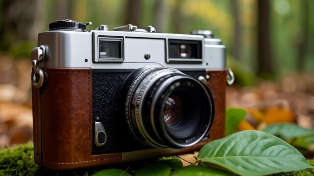 Vintage rangefinder camera with leather case rests amongst moss and green leaves on forest floor, capturing a nostalgic and timeless aesthetic.