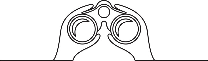 Minimalist line art of hands holding binoculars isolated on white background