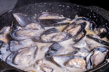 Mussels in shells in a creamy sauce are cooked in a pan. Close-up. Textured background. Macro photography
