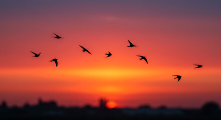 Silhouette of Birds Flying at Sunset Over Cityscape