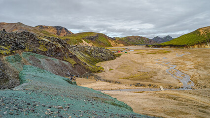 Landmannalaugar, Iceland. Laugahraun lava field and campsite. Icelandic landscape of colorful...