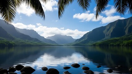 Serene tropical lake scene features palm trees, mountains, and reflecting sky with a peaceful, calm atmosphere.