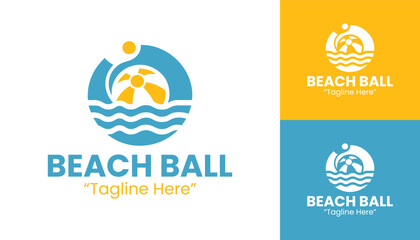 Obraz premium Vibrant Beach Ball Logo with Ocean Waves in Blue and Yellow
